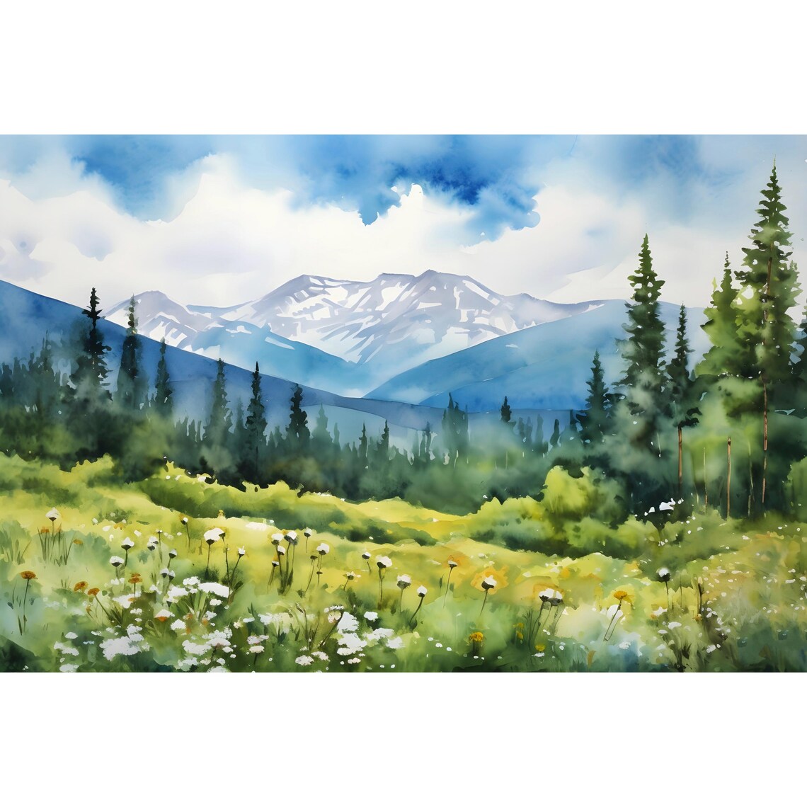 Whiteface Mountain Wildflower Meadow Snow Peak Watercolor Art Poster