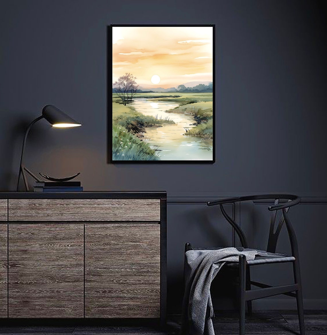 Golden River Valley Sunset Lone Tree Meadow Watercolor Art Poster - Image 2