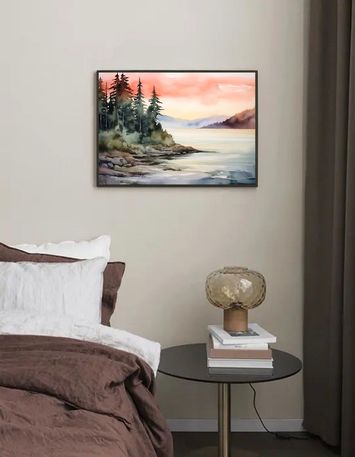Rocky Forest Point Calm Water Coral Sunset Watercolor Art Poster - Image 4