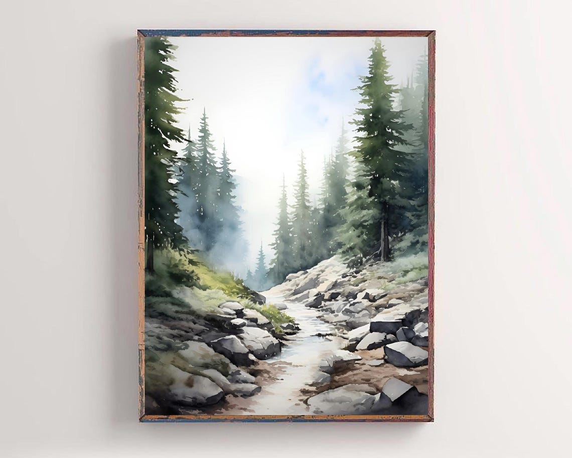 Umpqua National Forest Oregon Misty Evergreen Stream Watercolor Poster - Image 2