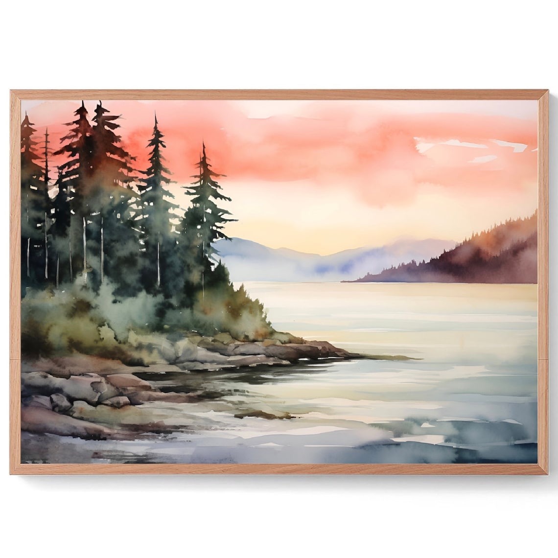 Rocky Forest Point Calm Water Coral Sunset Watercolor Art Poster