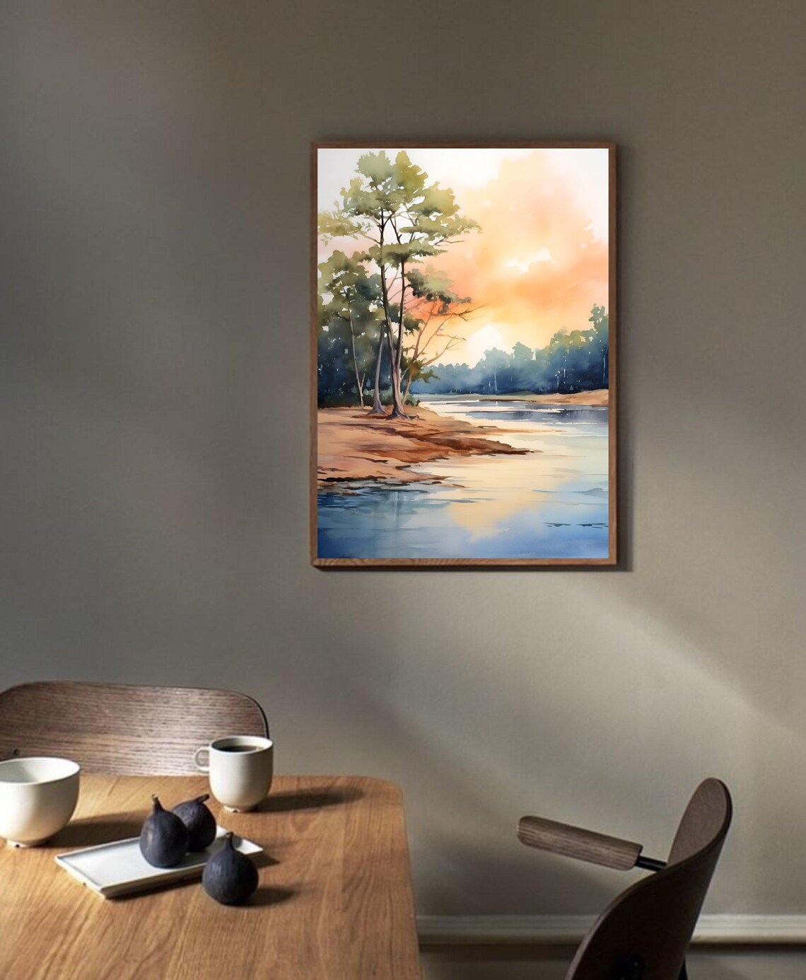 Misty River Sunset Lone Tree Pastel Water Watercolor Art Poster - Image 4