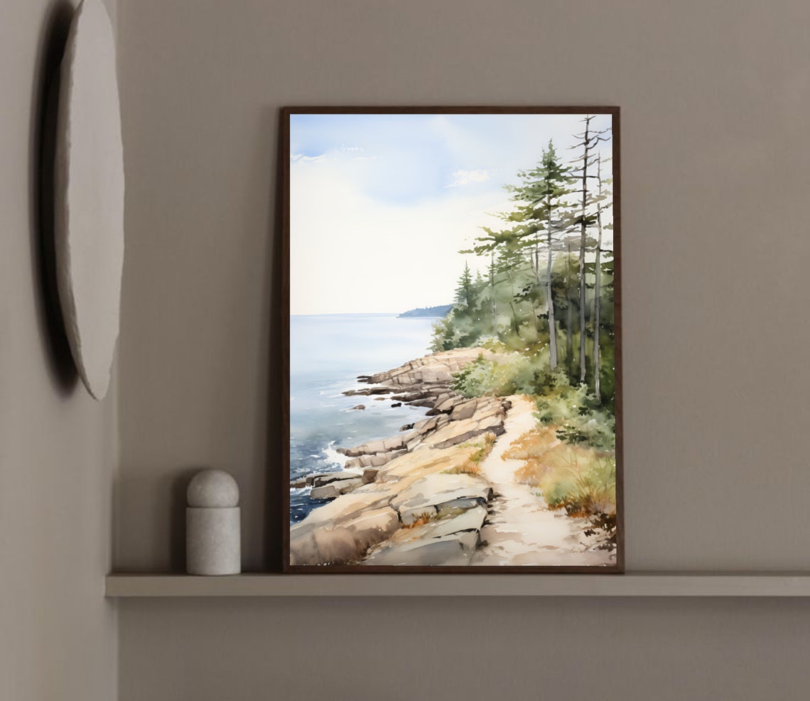 Crystal Lake Rocky Shore Pine Forest Watercolor Michigan Poster - Image 3