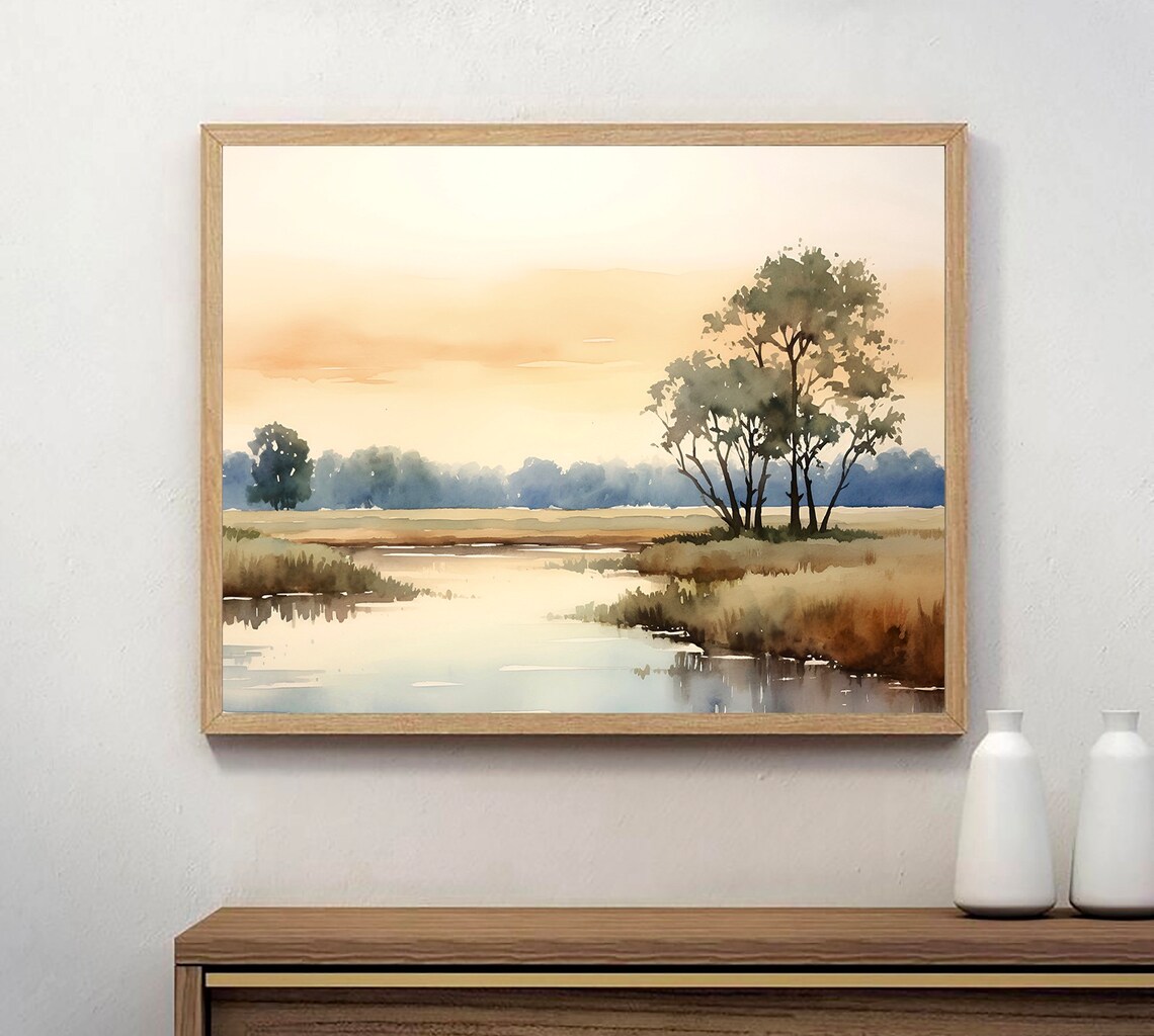 Golden Sunrise Marsh Wetlands Watercolor Soft Neutral Art Poster - Image 3