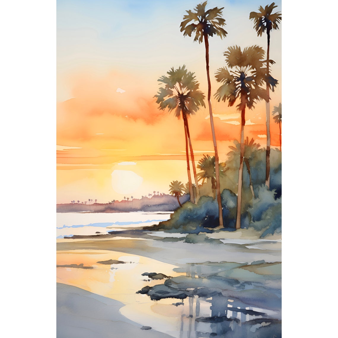 Panama City Beach Florida Sunset Palm Trees Watercolor Poster