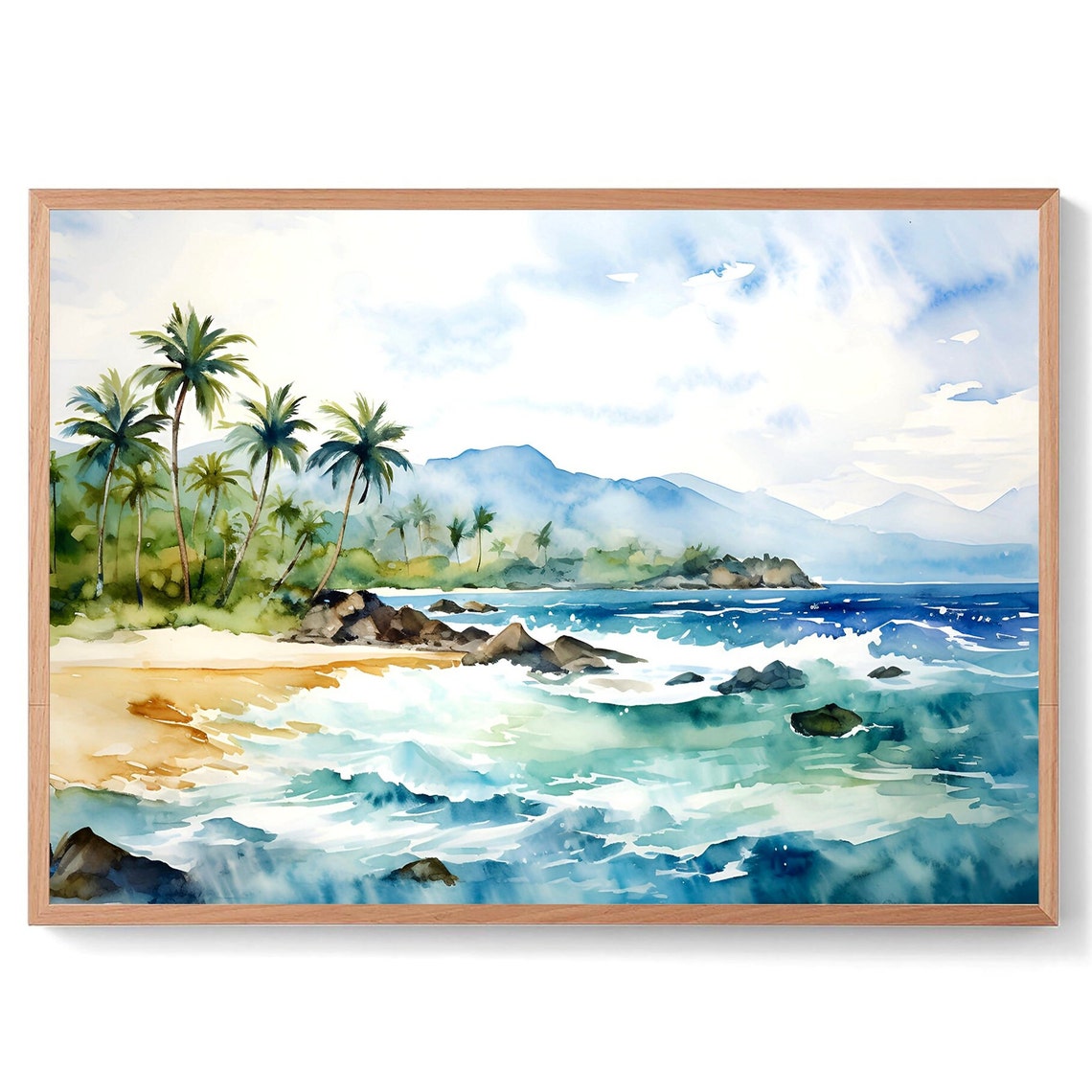 Tropical Palm Beach Turquoise Surf Ocean Mountains Watercolor Poster