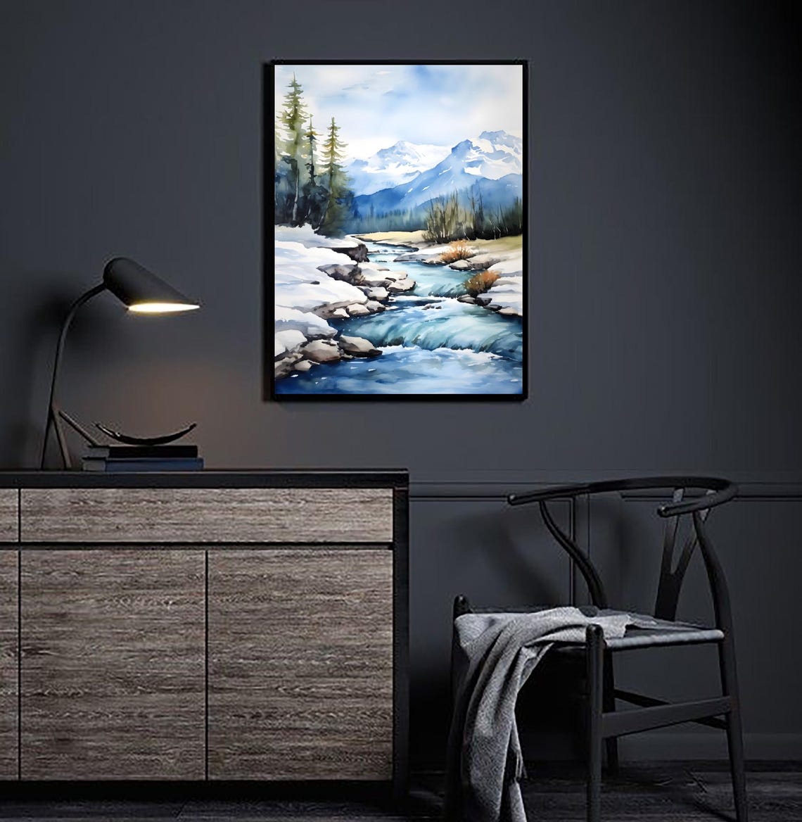 Wrangell Mountains Winter River Snow Watercolor Alaska Art Poster - Image 2