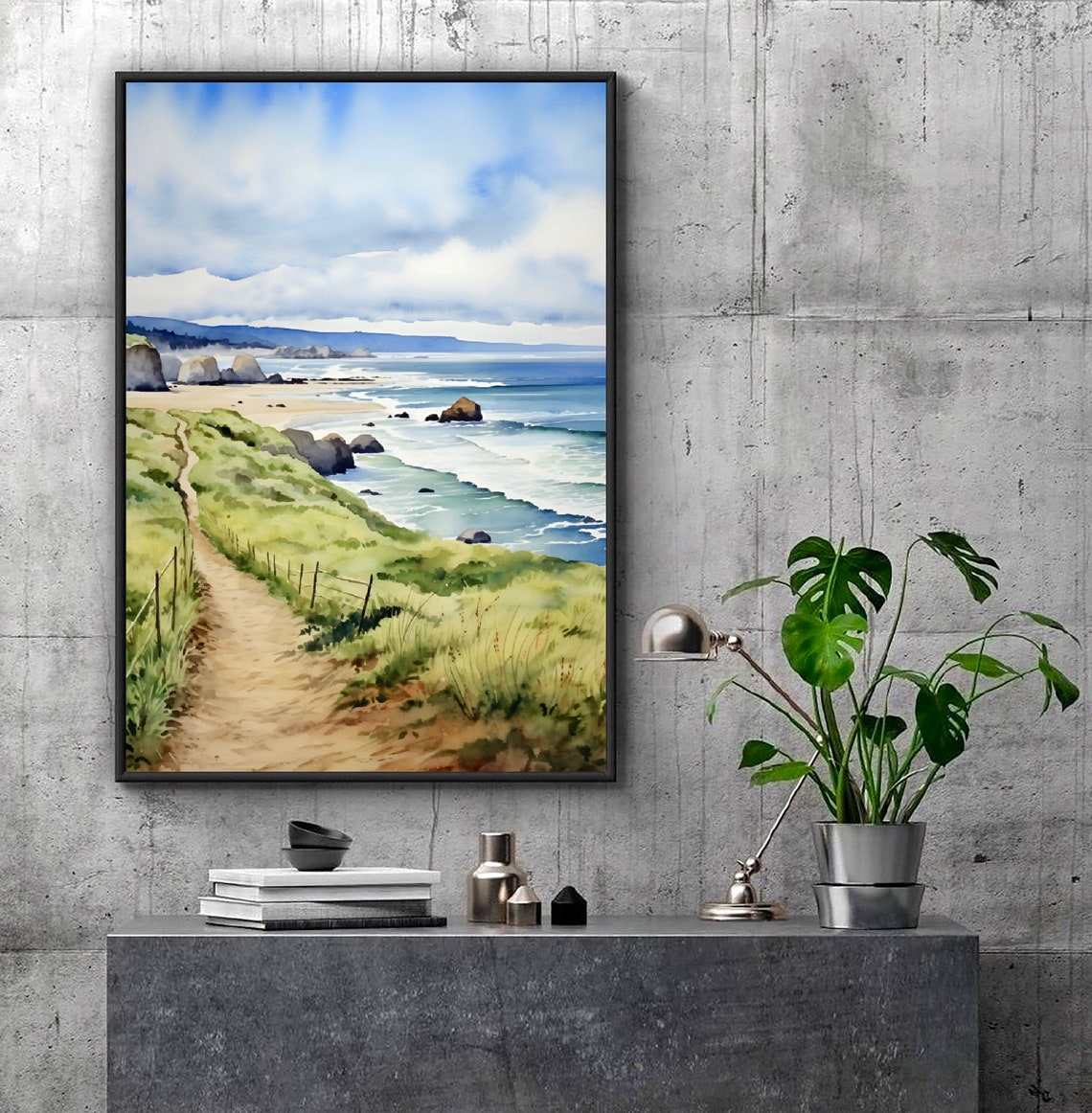 Coastal Trail Bluffs Ocean Beach Sea Stacks Watercolor Scenery Poster - Image 4