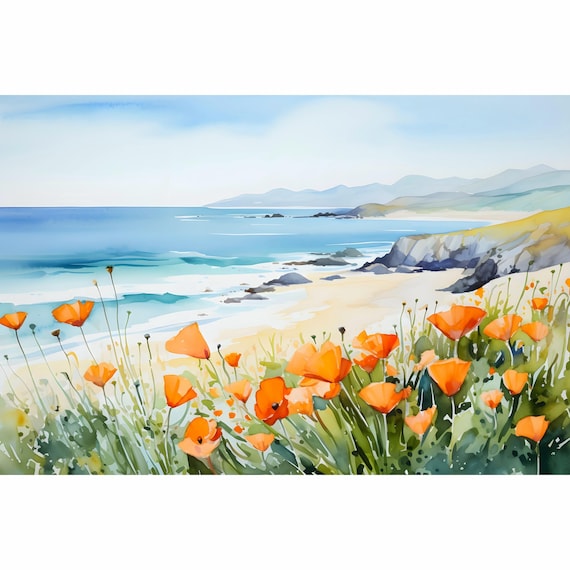 Santa Catalina Island Coastal Poppies Ocean Watercolor Art Poster