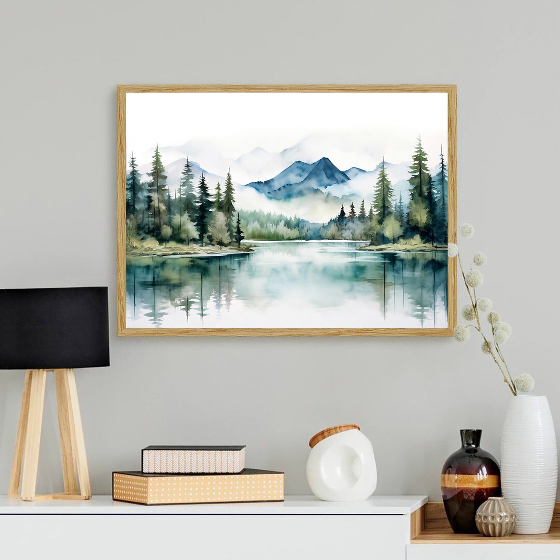 Misty Mountain Lake Pines Mirror Reflection Watercolor Poster - Image 3