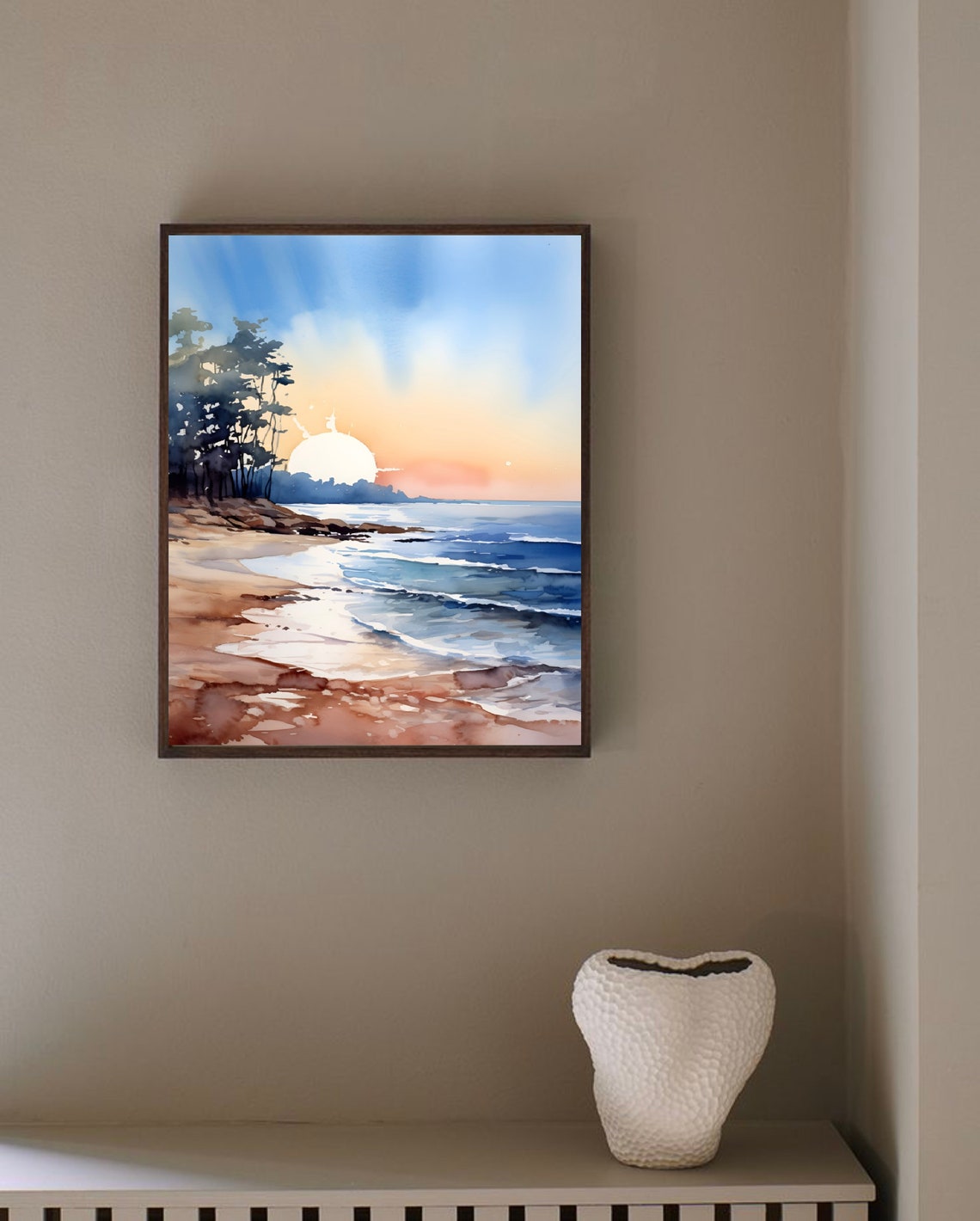 Beach Sunset Pine Trees Ocean Waves Golden Hour Watercolor Poster - Image 3
