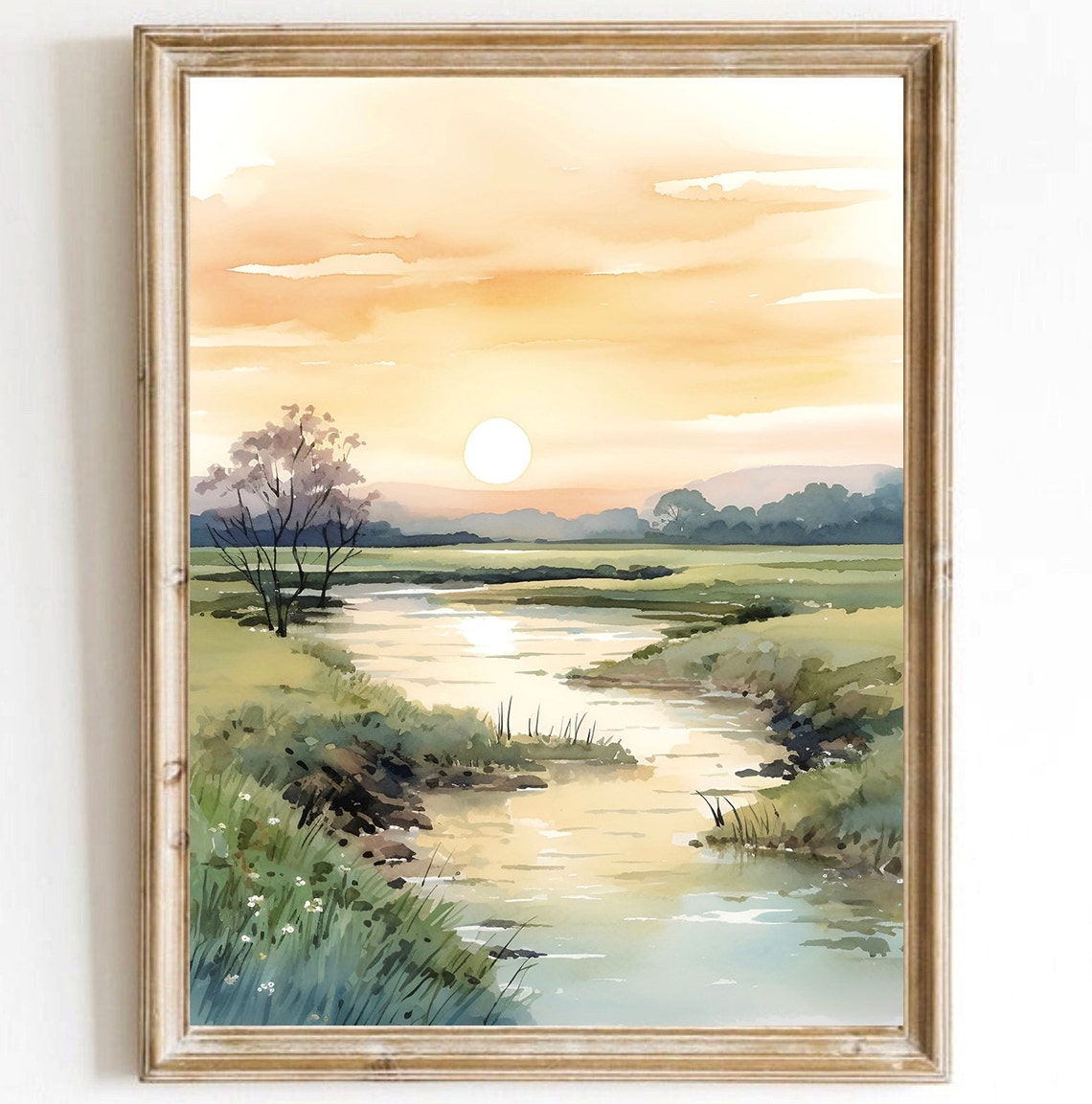 Golden River Valley Sunset Lone Tree Meadow Watercolor Art Poster