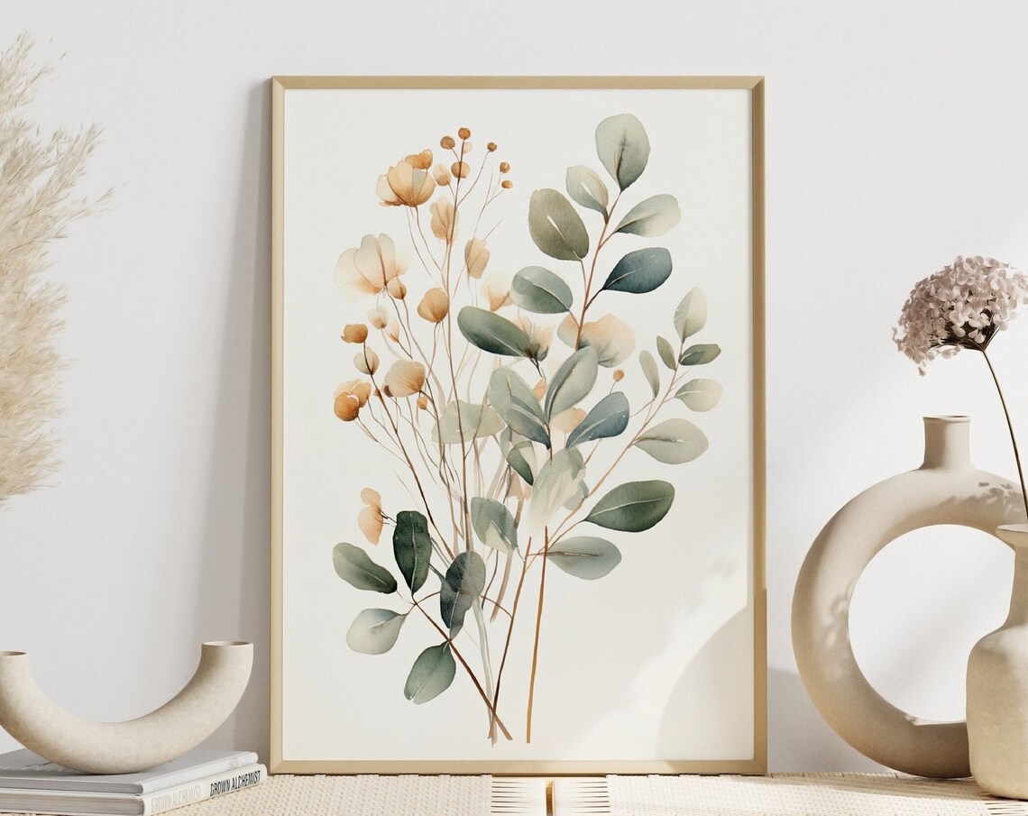 Boho Eucalyptus Branches and Flowers Watercolor Art Print