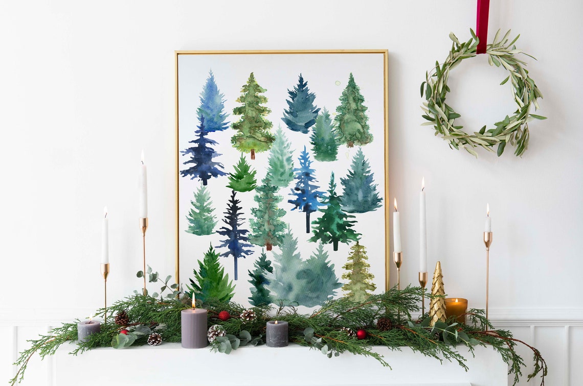 Watercolor Christmas Trees In Green And Blue Holiday Wall Art - Image 2