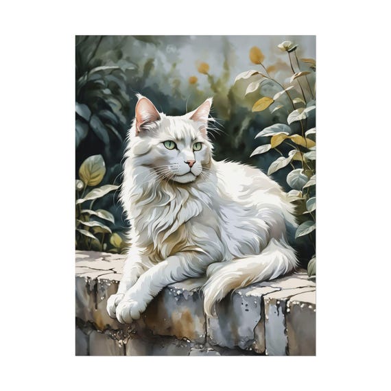 Long Hair White Cat Watercolor Print Garden Pet Painting Portrait Art