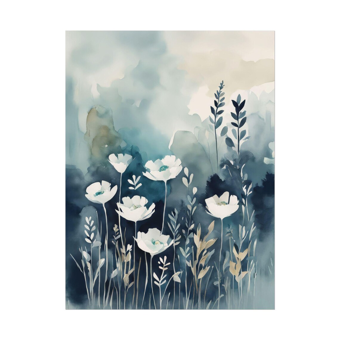 White and Blue Wildflowers Moody Watercolor Botanical Floral Poster