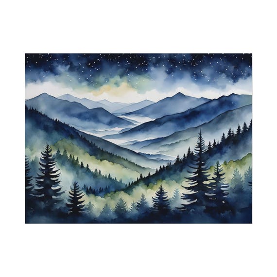 Pine Trees Blue Ridge Mountains And Stary Sky Watercolor Landscape Print Painting Appalachian Highlands Artwork Nature Wall Art