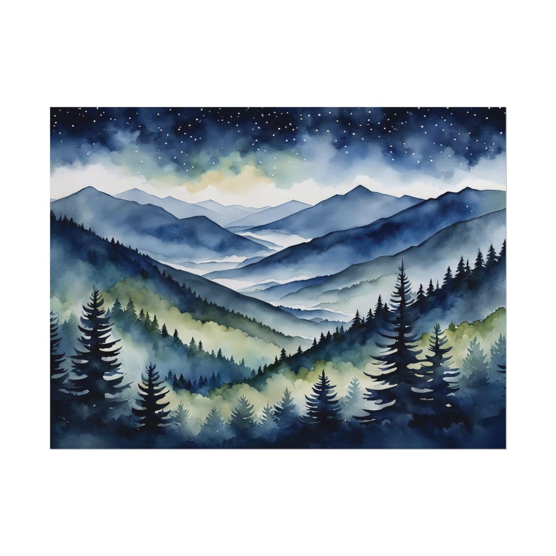 Blue Ridge Mountains Starry Night Sky Pine Forest Watercolor Poster