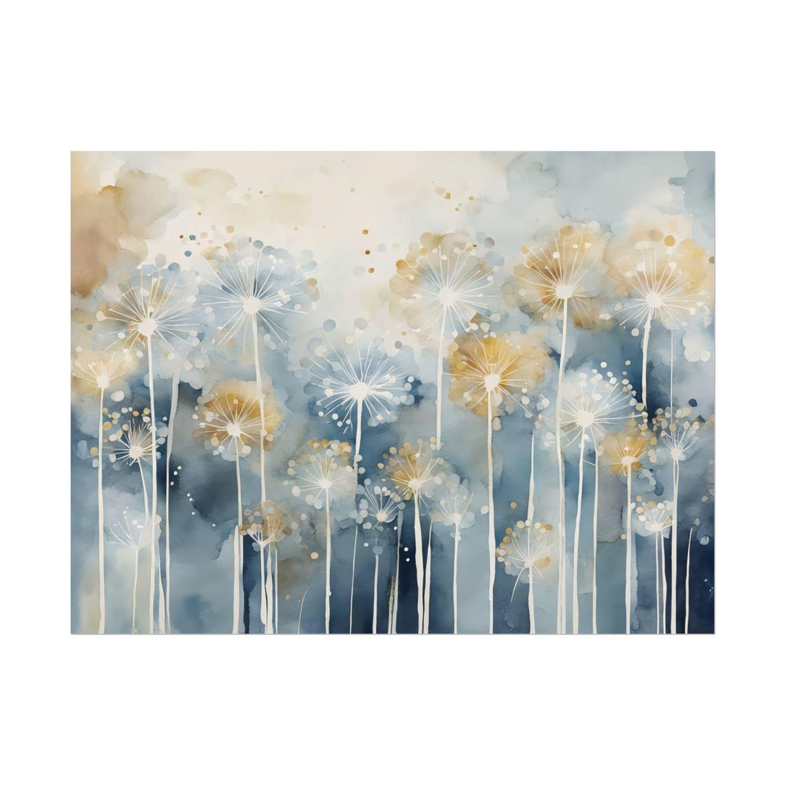 Blue Gold Dandelion Seed Heads Abstract Watercolor Floral Poster
