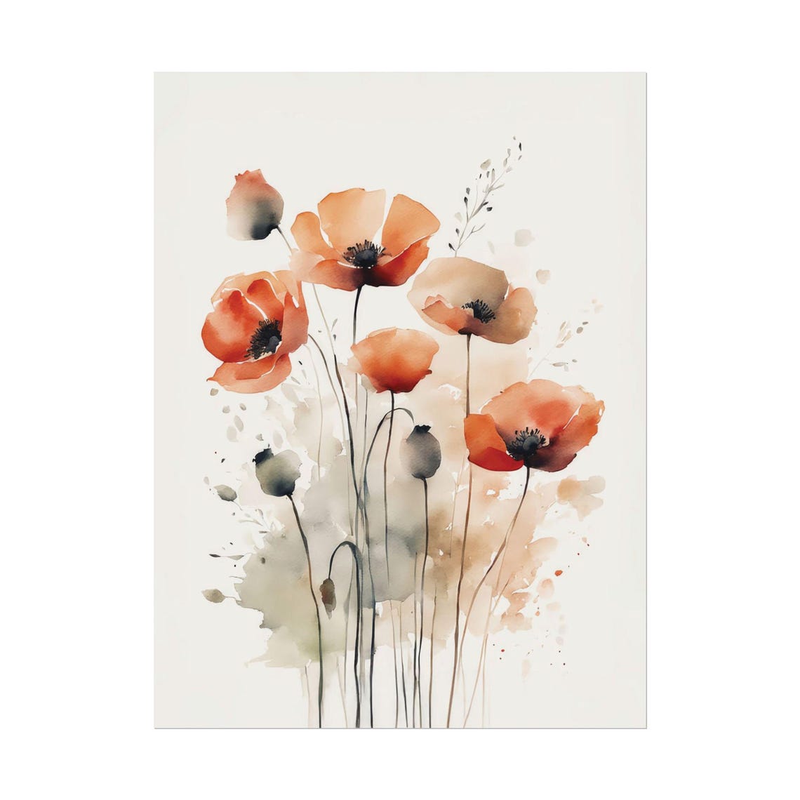 Coral Poppies Watercolor Wildflower Floral Arrangement Poster