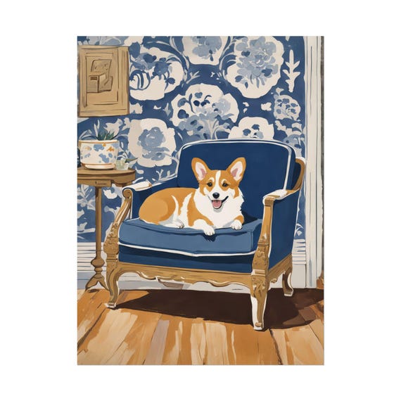 Corgi Art Print Nc29 Chinoiserie Blue Floral Wall Dog Lover Poster Gouache Vintage Watercolor Painting
