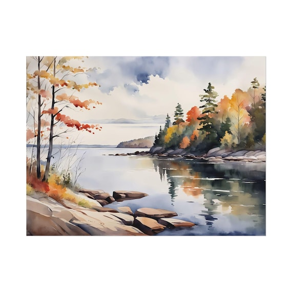Lake Superior Watercolor Painting Autumn Michigan Landscape Rock North Shoreline Great Lakes Art Print