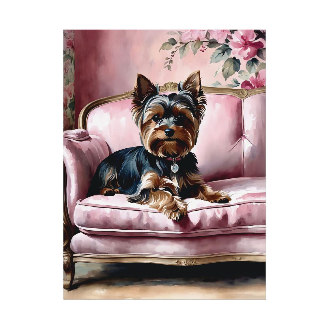 Yorkshire Terrier Pink Velvet Sofa Floral Watercolor Dog Poster