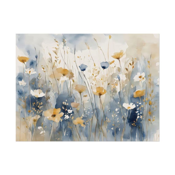 Santorini Wildflowers Print 30 Abstract Floral Watercolor Art Neutral Home Decor Blue Tan