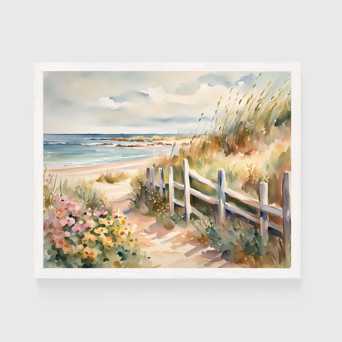 Coastal Beach Dune Path Wildflowers Fence Watercolor Wall Art