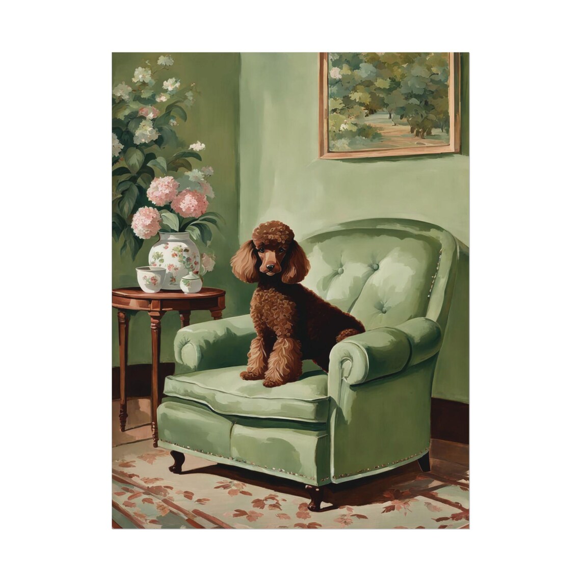 Red Poodle Green Armchair Floral Interior Painting Dog Poster