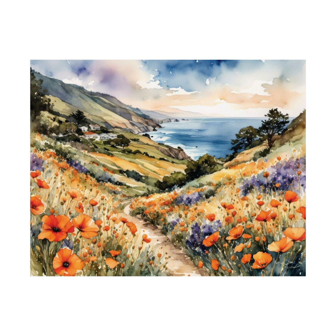 Poppy Watercolor Big Sur Landscape Poster Print