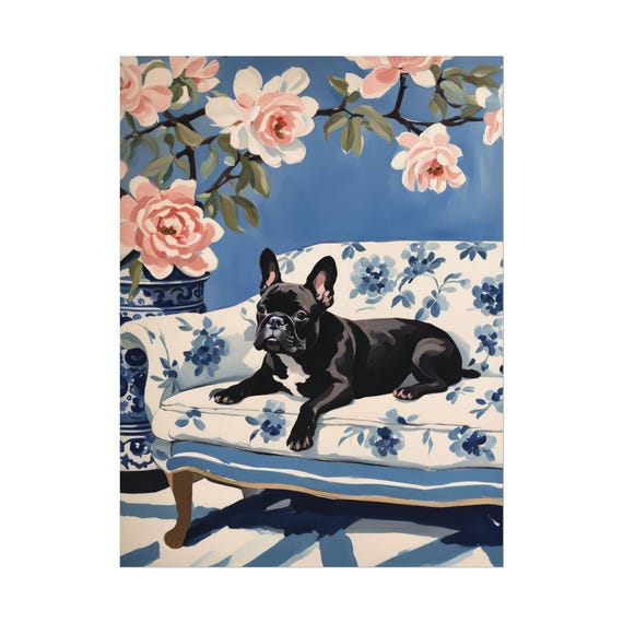 Black French Bulldog Art Print Blue Floral Chinoiserie Wall Dog Lover Poster Unique Gift Watercolor Painting Home Decor