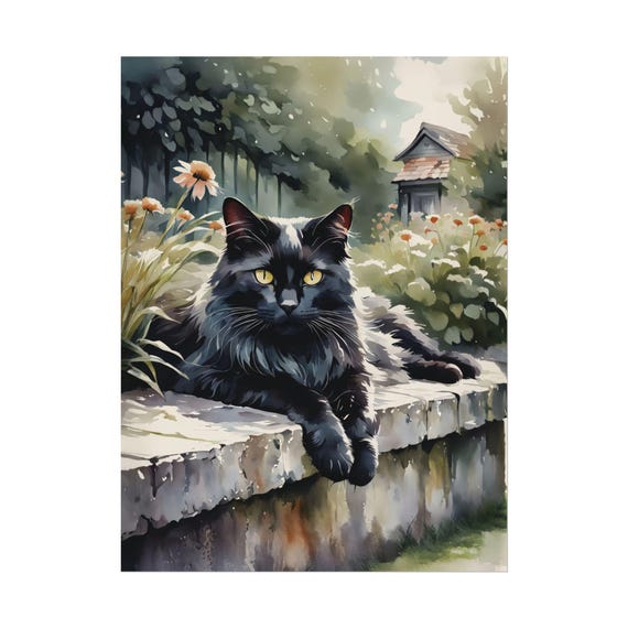 Long Hair Black Cat Watercolor Print Garden Pet Painting Portrait Art