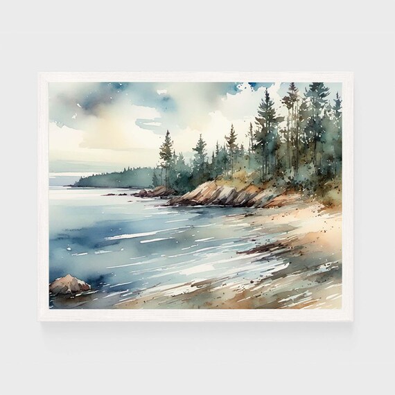 Rocky Lake Shoreline Pine Forest Watercolor Landscape Poster