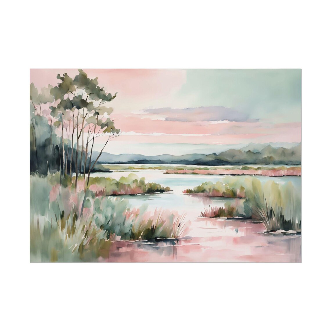 Pink Marsh Sunset Landscape, Coastal Watercolor Art Print