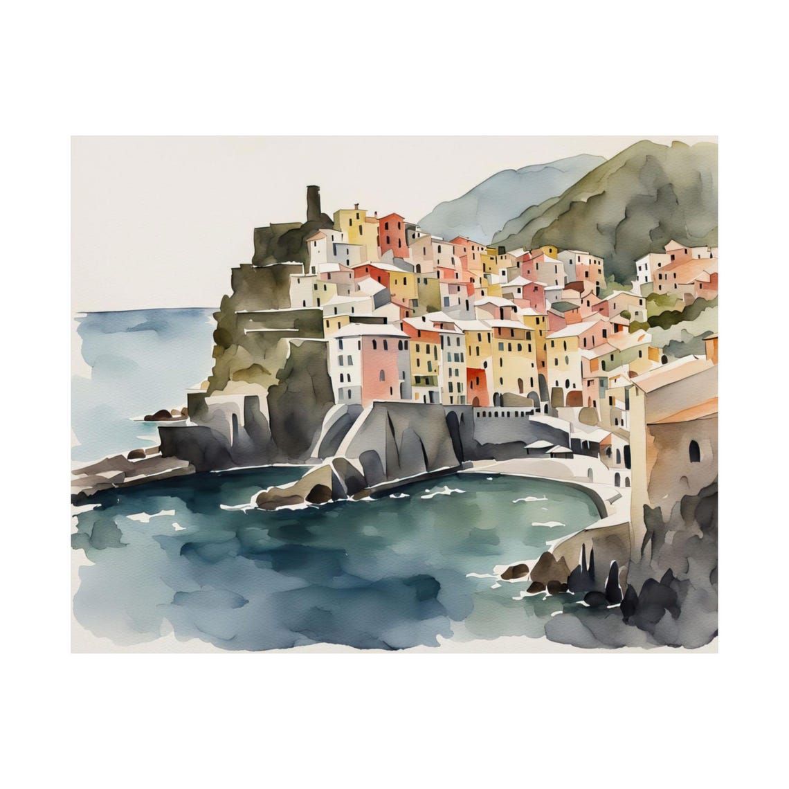 Cinque Terre Italy Cliffside Village Coastal Watercolor Wall Art
