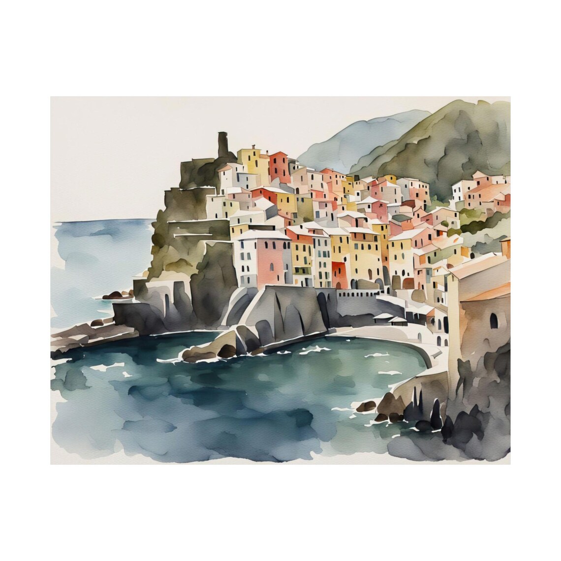 Vernazza Coast Italy Cinque Terre Watercolor Painting Northern Ligurian Artwork Italian Cityscape Wall Art Neutral Muted Colors