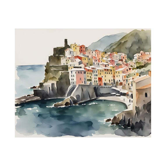 Vernazza Coast Italy Cinque Terre Watercolor Painting Northern Ligurian Artwork Italian Cityscape Wall Art Neutral Muted Colors