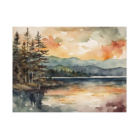 Moosehead Lake Maine Sunset Pines Watercolor Landscape Poster