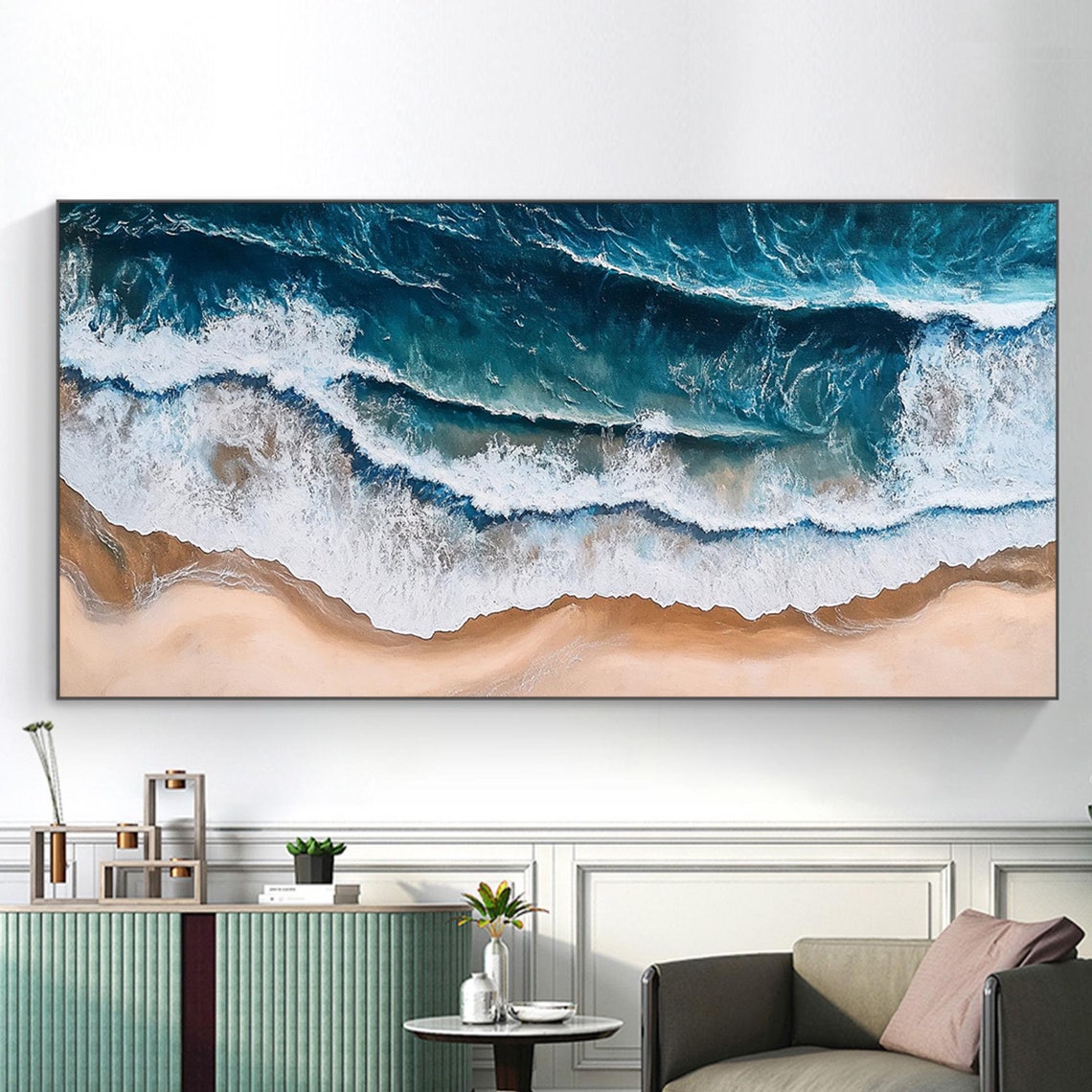 Aerial Ocean Waves Rolling On Sandy Beach Blue Surf Art Poster