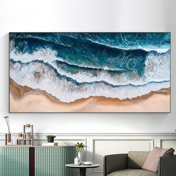 Aerial Ocean Waves Rolling On Sandy Beach Blue Surf Art Poster