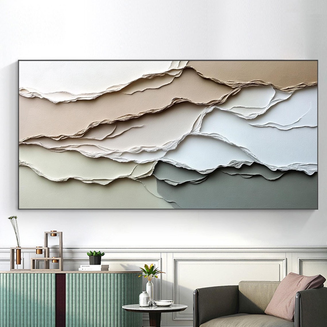 Torn Paper Layers Beige Sage Layered Abstract Texture Art Poster