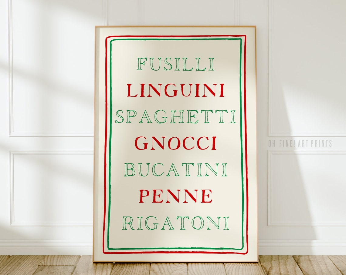 Italian Pasta Names Cream Red Green Vintage Typography Kitchen Print