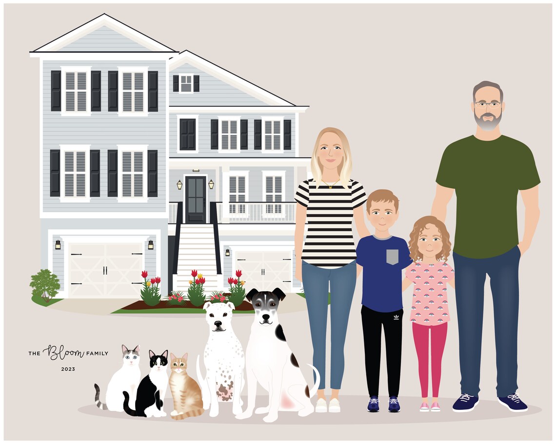Family Drawing With House, Valentine's Gift For Him Art Print - Image 5