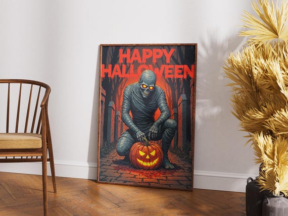 Happy Halloween Mummy Pumpkin Cemetery Spooky Night Art Poster