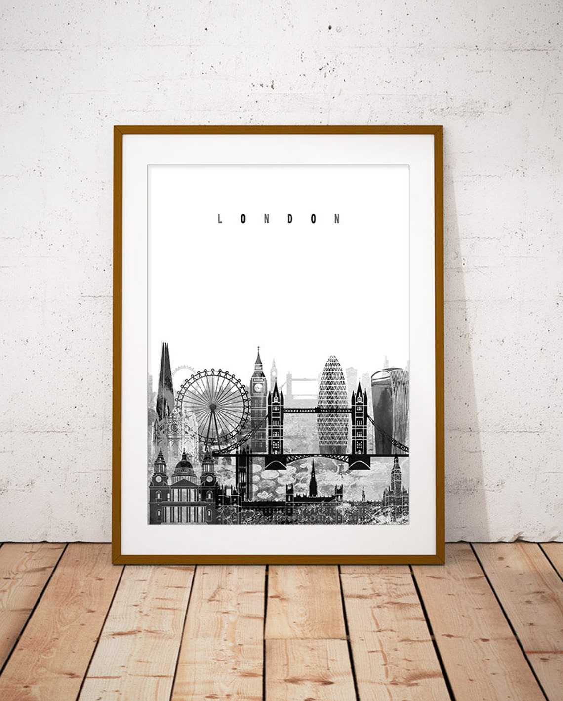 London England Big Ben Tower Bridge Black White Skyline Poster
