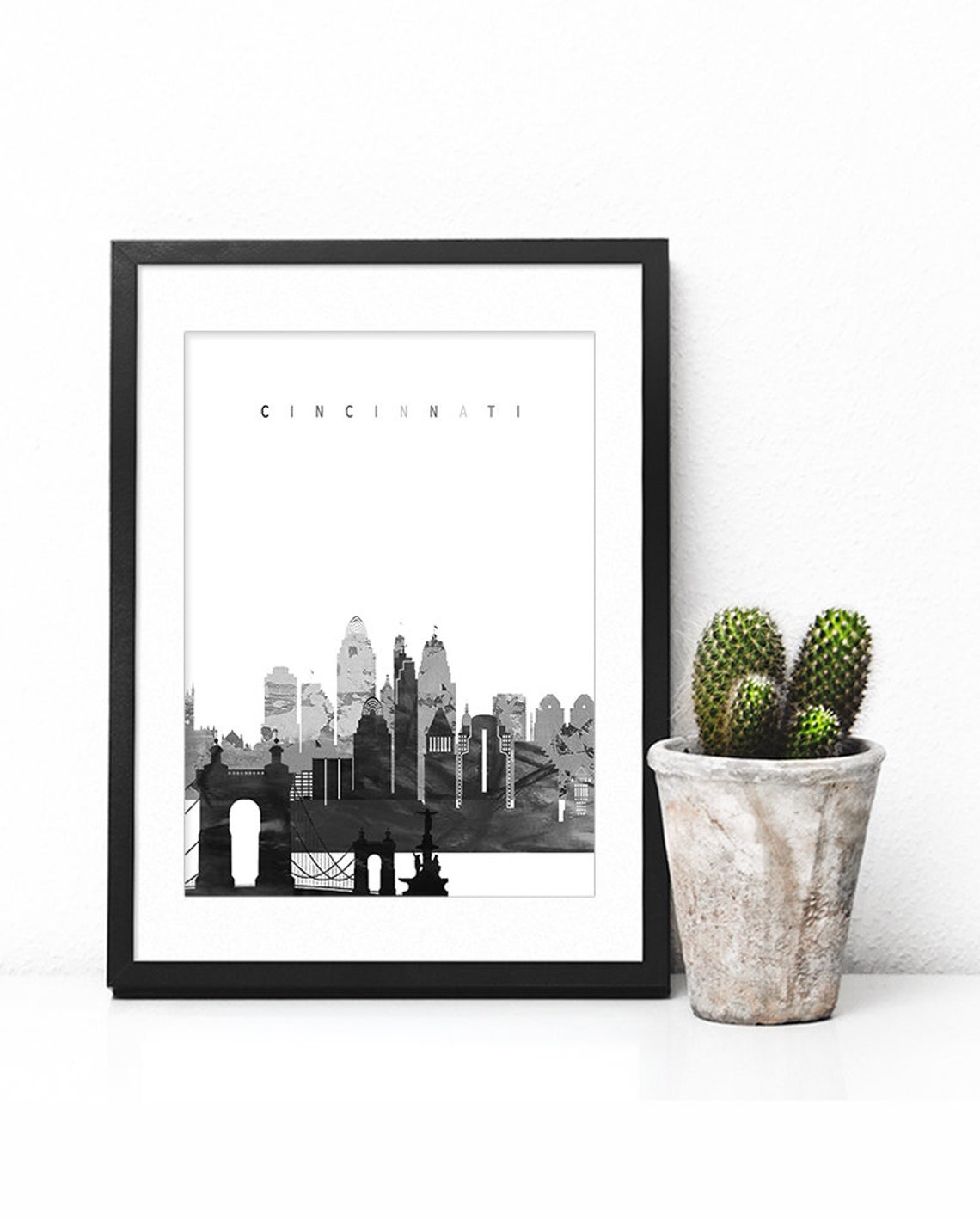 Cincinnati Monochrome Skyline Bridge Modern Home Wall Decor Poster - Image 3