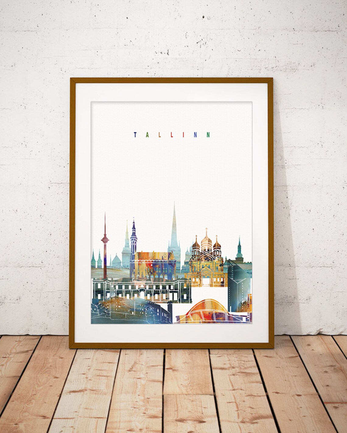 Tallinn Estonia Colorful Watercolor City Landmarks Art Poster