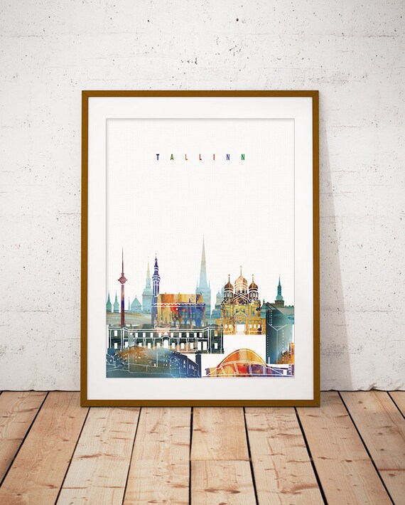 Tallinn Estonia Colorful Watercolor City Landmarks Art Poster