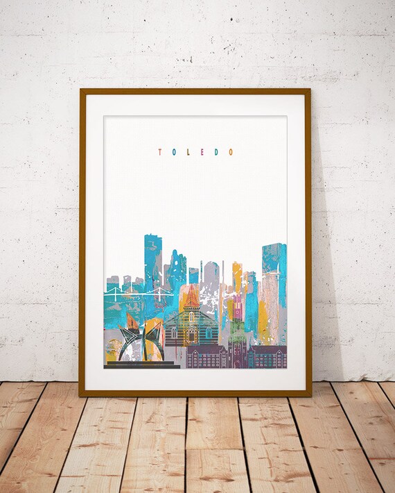 Toledo Watercolor Skyline Riverfront Modern Home Decor Poster